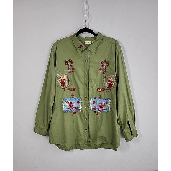 Apple Picking Fall Harvest Shirt 18W-20W Green Embroidered Sequin Button Front - Picture 12 of 12